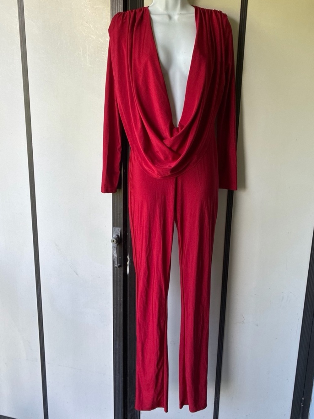 SHEIN Red Draped Deep-V Long Sleeve Jumpsuit